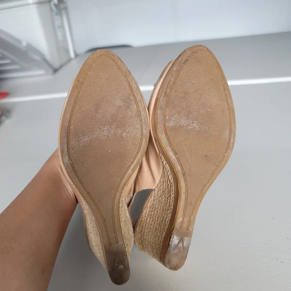 Prada Patent Leather Nude Beige Bow Wedges Slingback Size 38.5